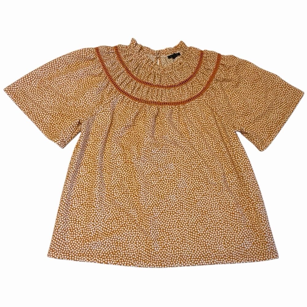 Ann Taylor Womens Small Orange Boho Peasant Blouse Polka Dot Ruffle Summer Top